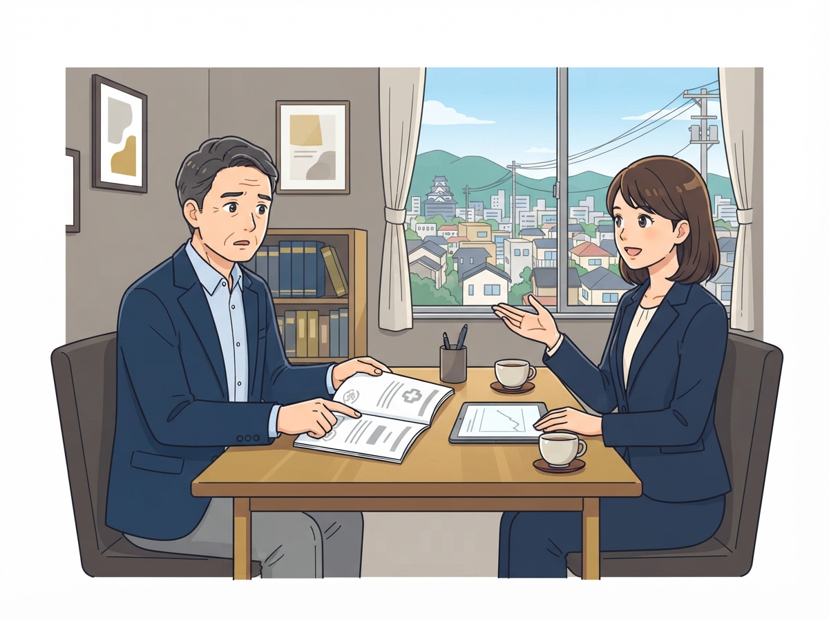 交通事故の保険について弁護士に相談する様子のイラスト