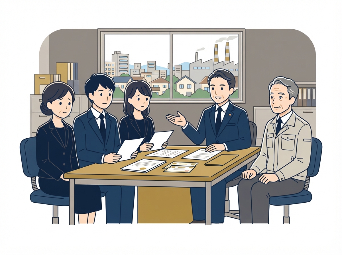 社長の急逝後、自社株の相続について家族と従業員が弁護士に相談する様子