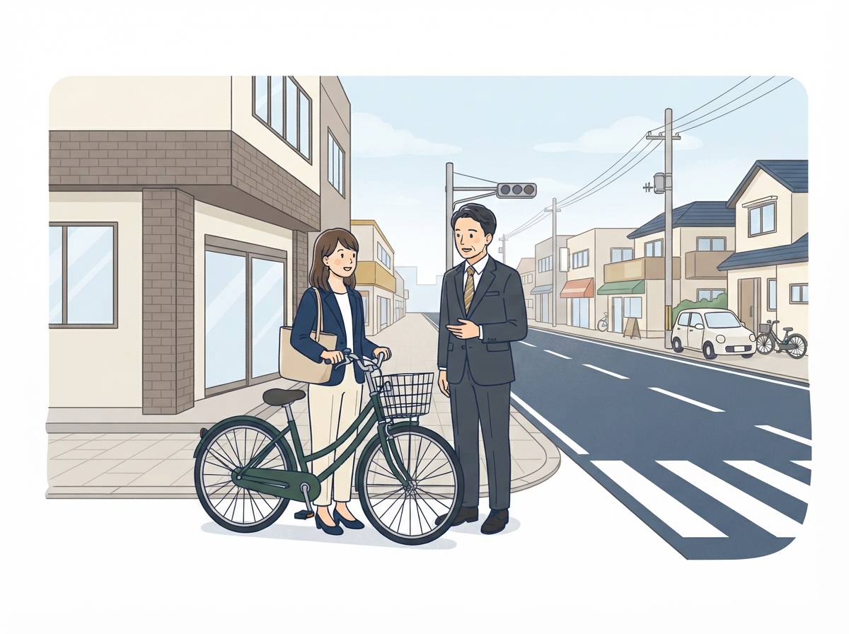 自転車事故の過失割合について弁護士に相談する女性のイラスト