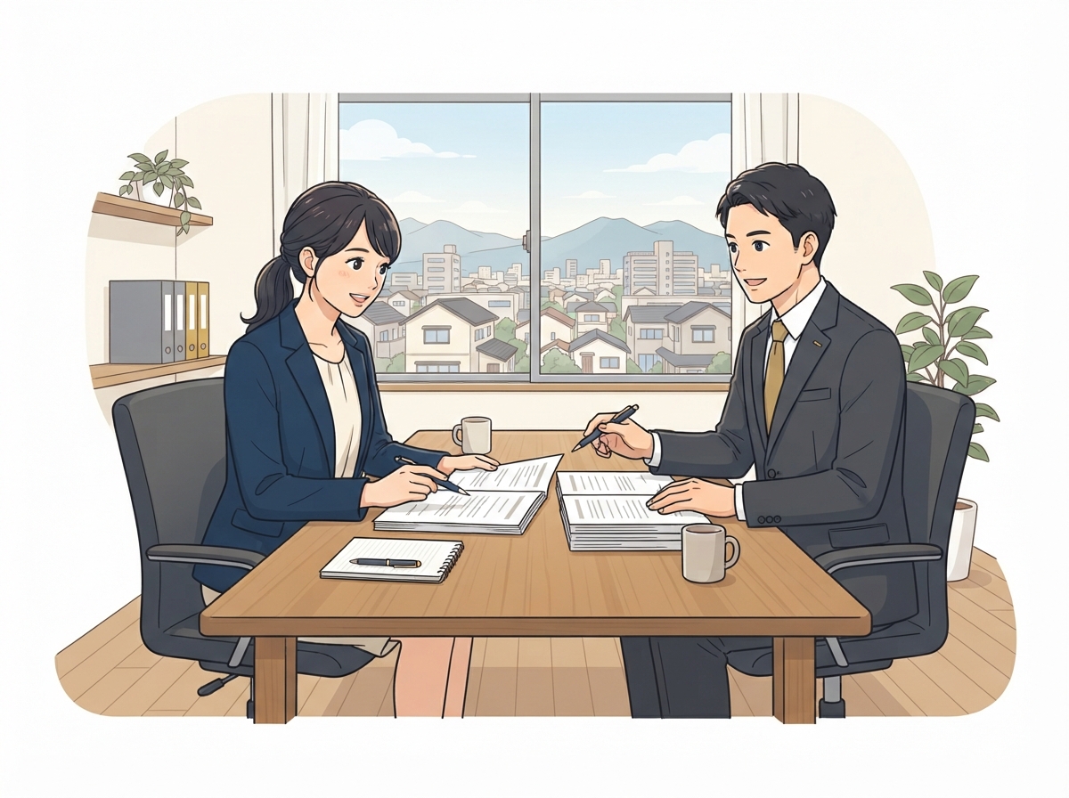 離婚協議書の内容を弁護士と確認する女性のイラスト