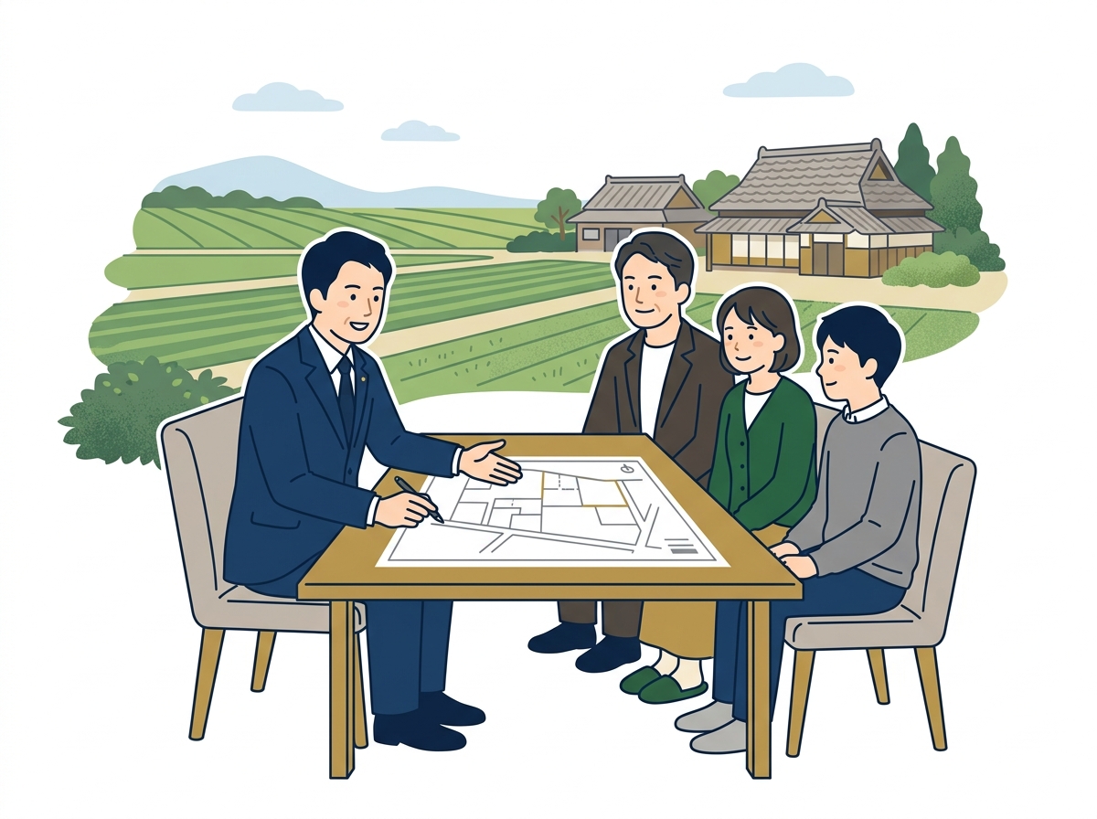 農地と実家を背景に兄弟が弁護士と遺産の分け方を話し合うイラスト
