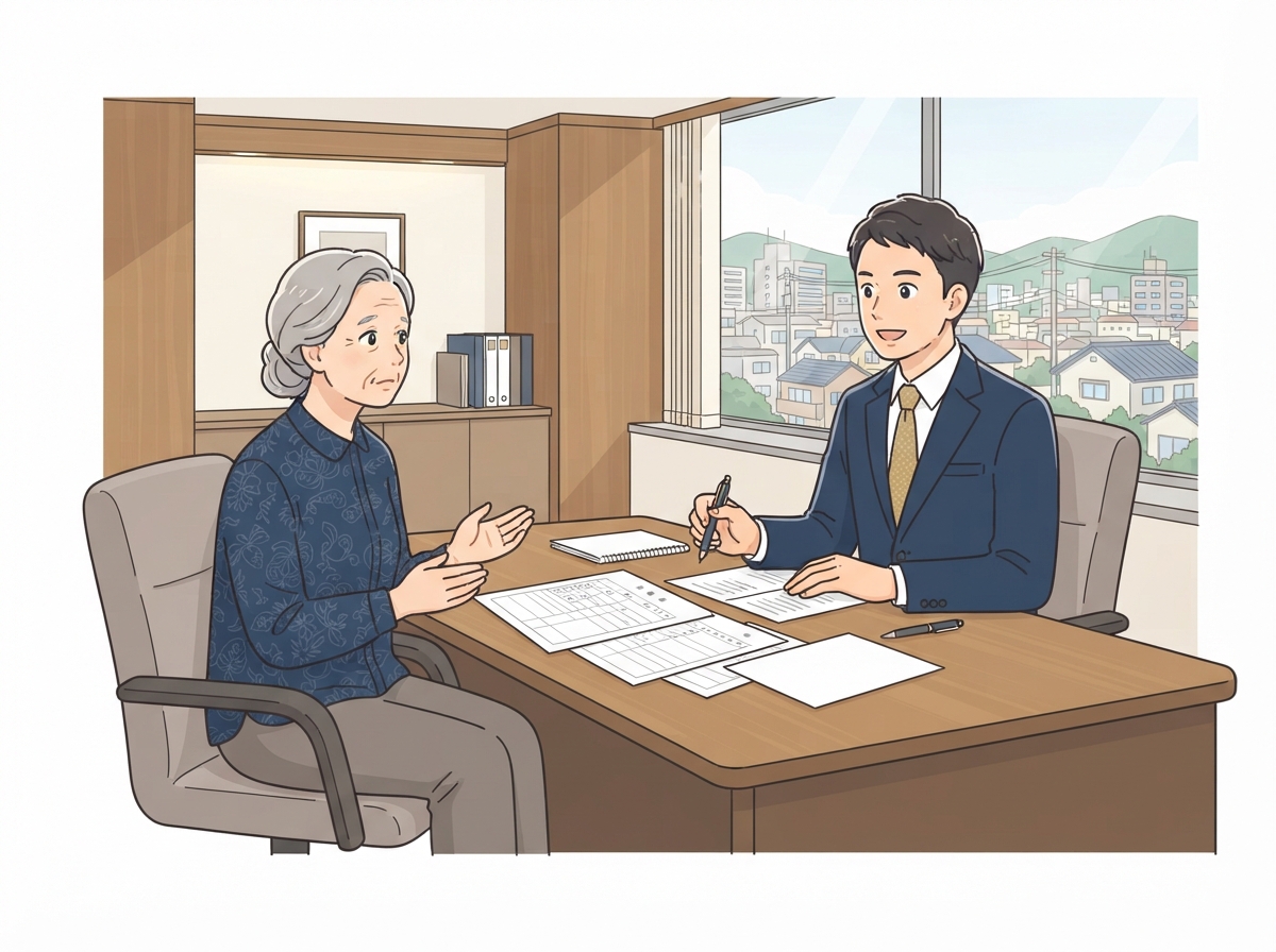 行方不明の相続人について弁護士に相談する様子のイラスト