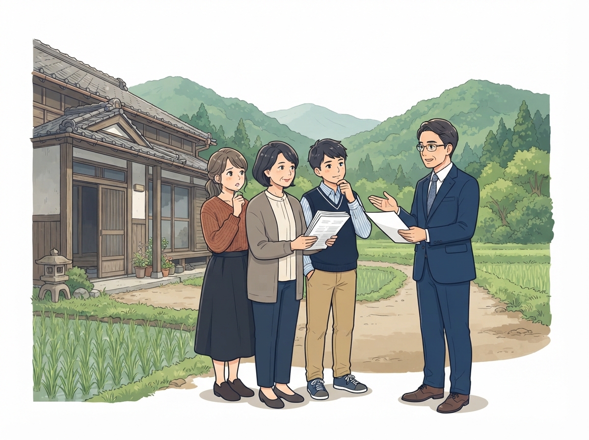 祖父名義のままの土地について弁護士に相談するご家族のイラスト