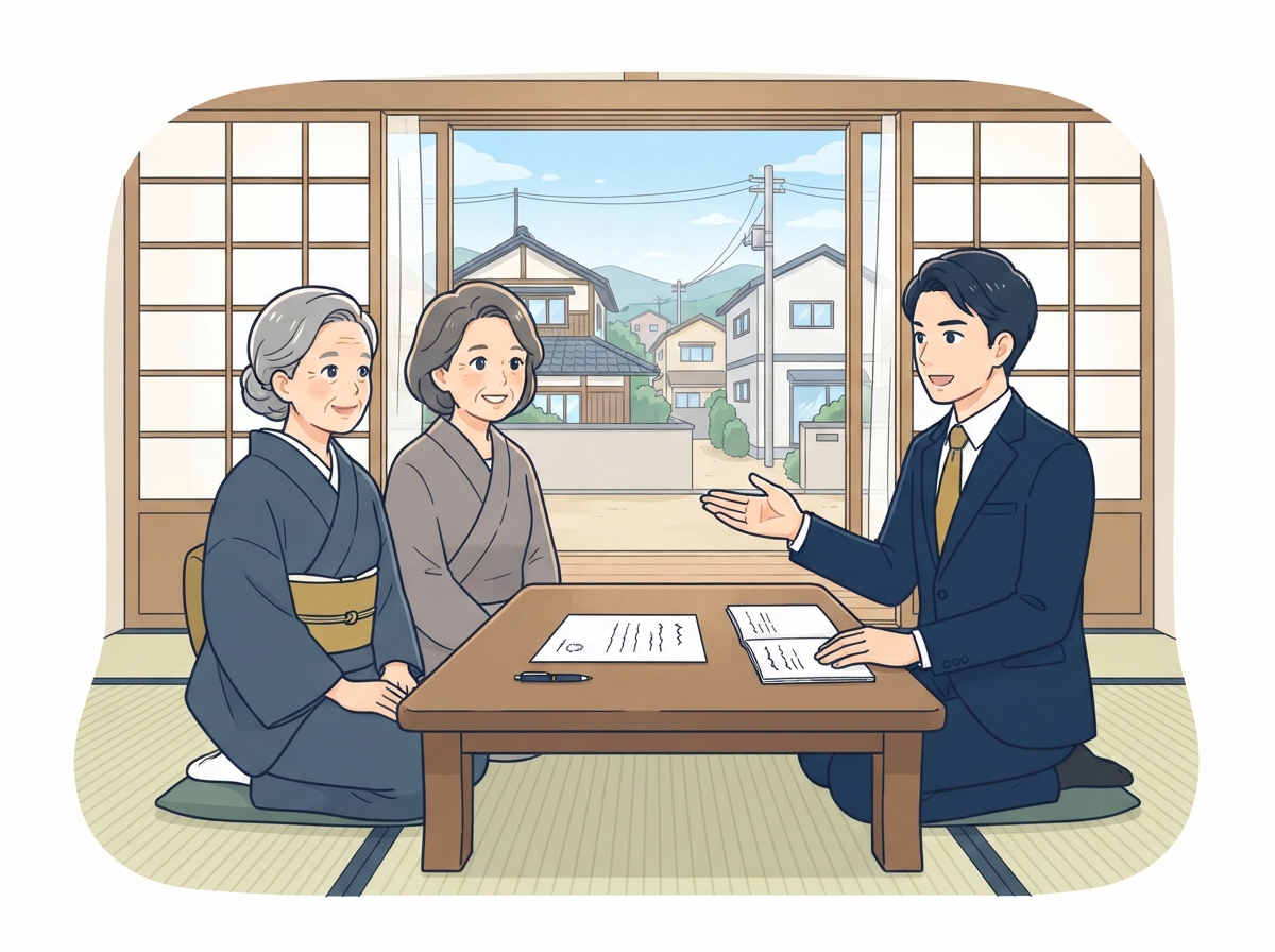 ご家族が自宅で弁護士に遺言書の相談をしているイラスト