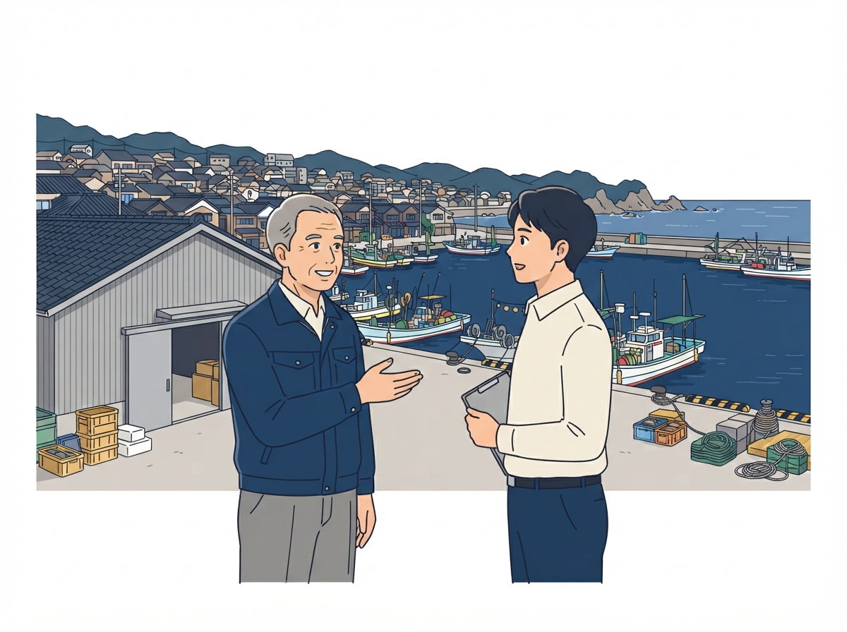 天草の港町で経営者と後継者が事業承継を話し合うイラスト