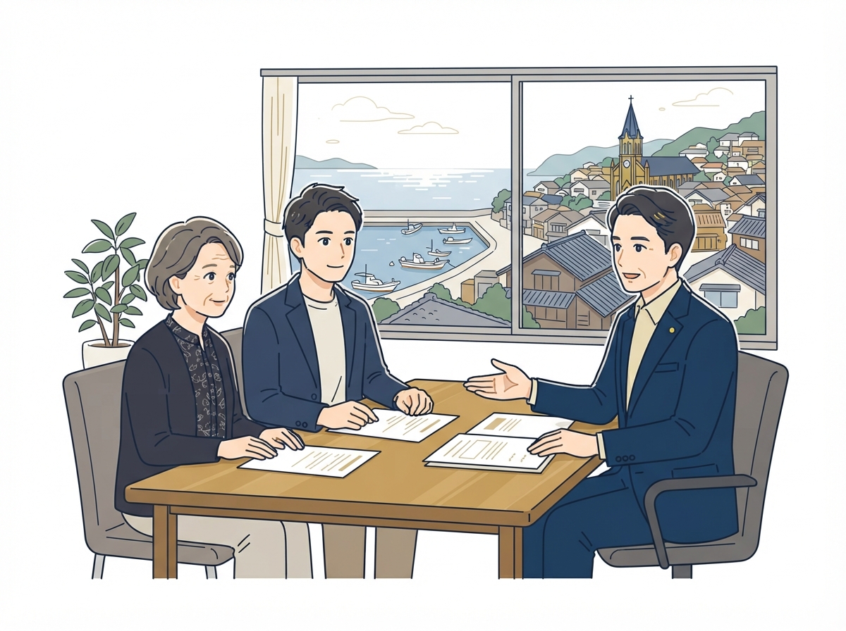 天草の漁港を望む面談室で相続の相談をする家族と弁護士のイラスト