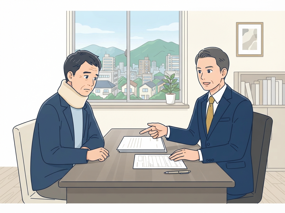 後遺障害の申請書類について弁護士に相談する交通事故の被害者のイラスト