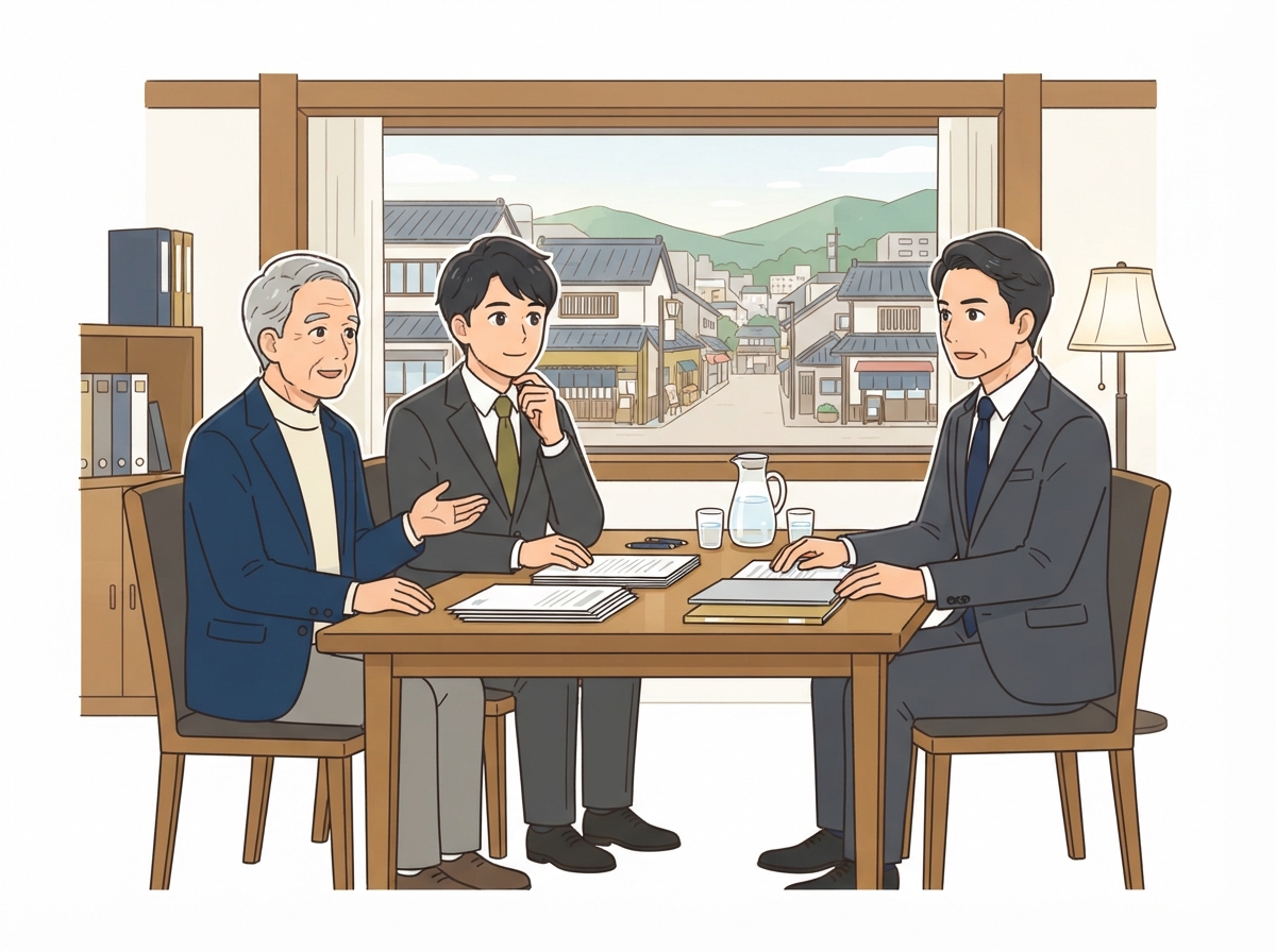 八代の事務所で経営者と後継者が弁護士に事業承継を相談しているイラスト