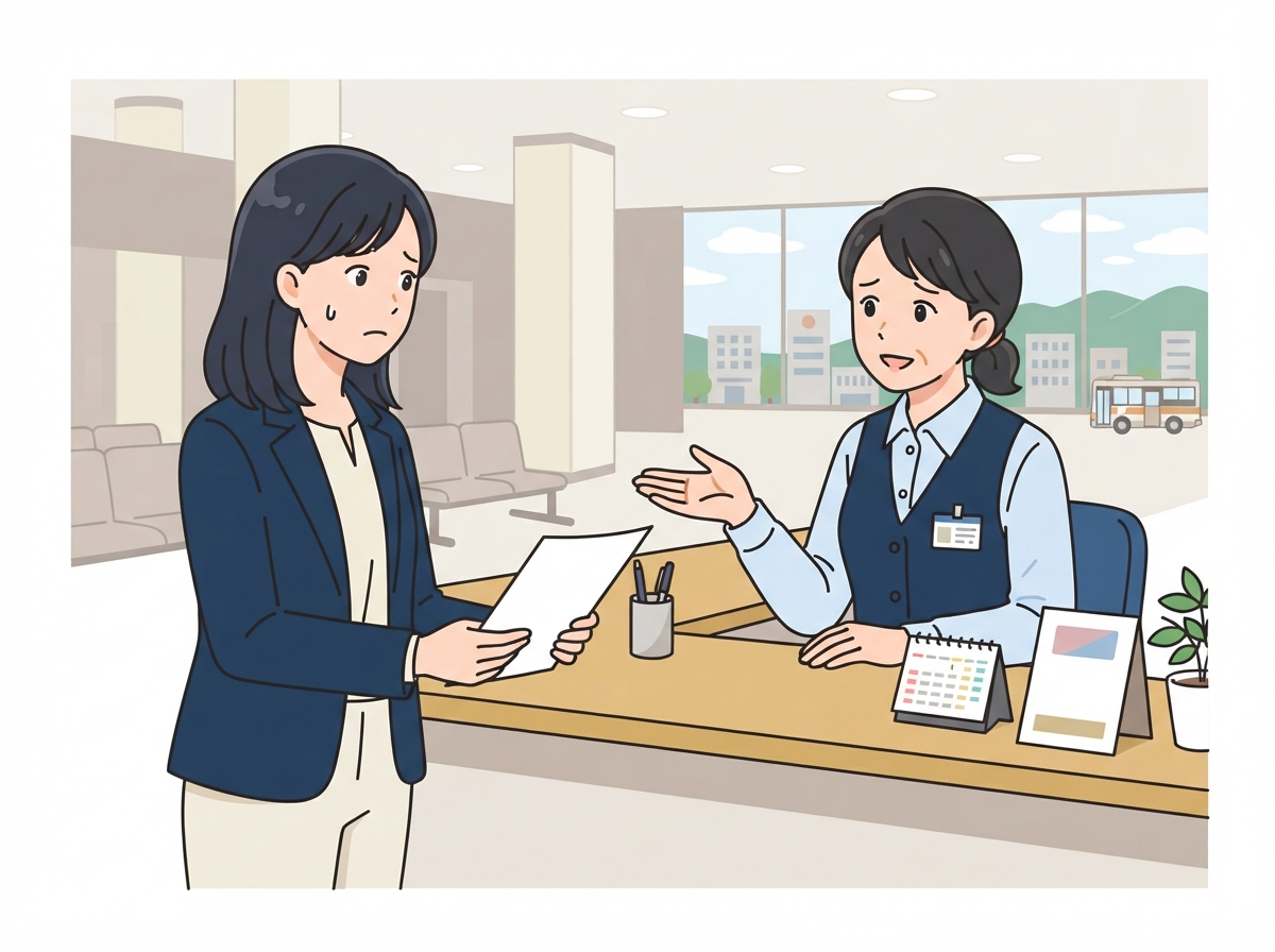 市役所の窓口で離婚届の提出をためらう女性のイラスト