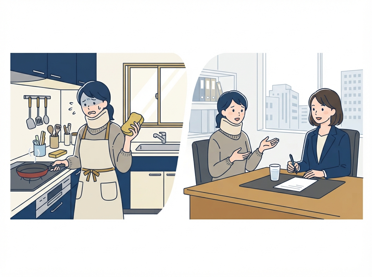 首を痛めて家事に支障が出ている主婦と、弁護士に相談する場面のイラスト