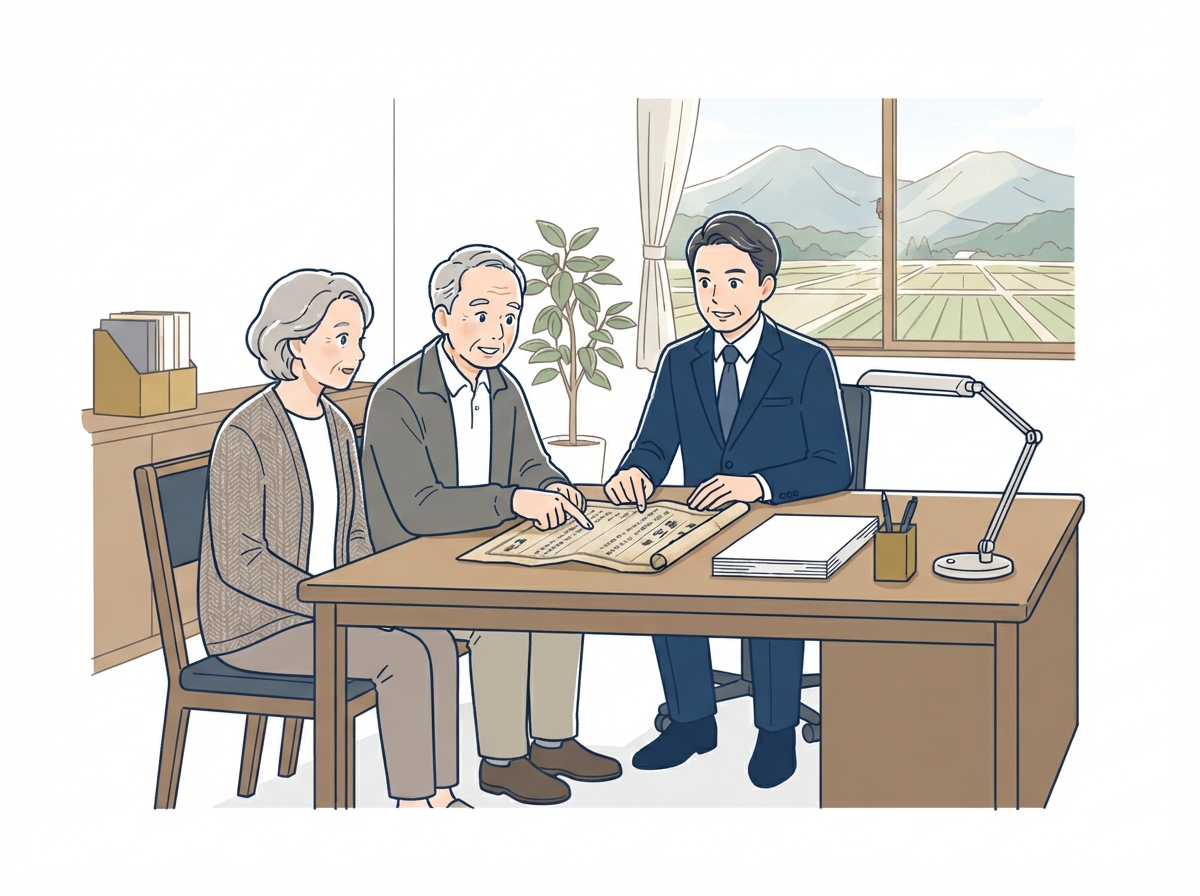 山林の相続について弁護士に相談するご夫婦のイラスト