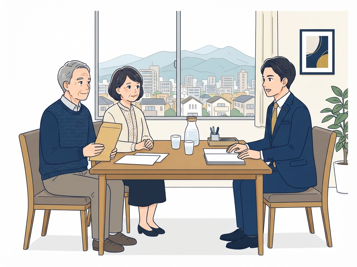 市役所から届いた書類を持って弁護士に相談するご夫婦のイラスト